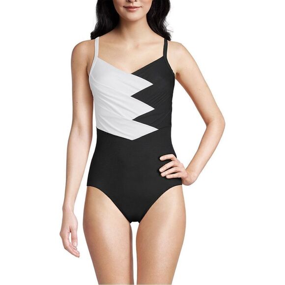Land's End slender 1 piece swimsuit pleated X back soft swimsuit black white Var - Picture 3 of 10